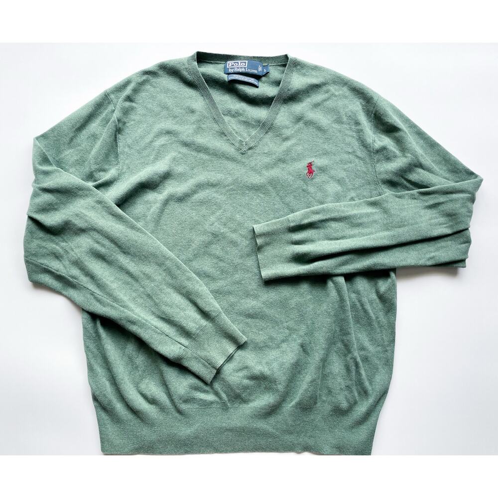 Men's Polo Ralph Lauren Green V-Neck Pima Cotton Sweater Size Large